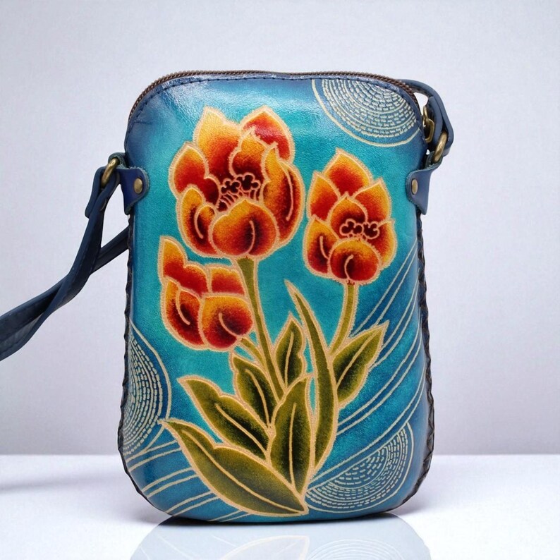 Genuine Handmade Leather Tulip Purse / Crossbody/ Phone Bag, Shoulder Bag, Mini Bag, Animal-themed Bag, Cartoon Bag