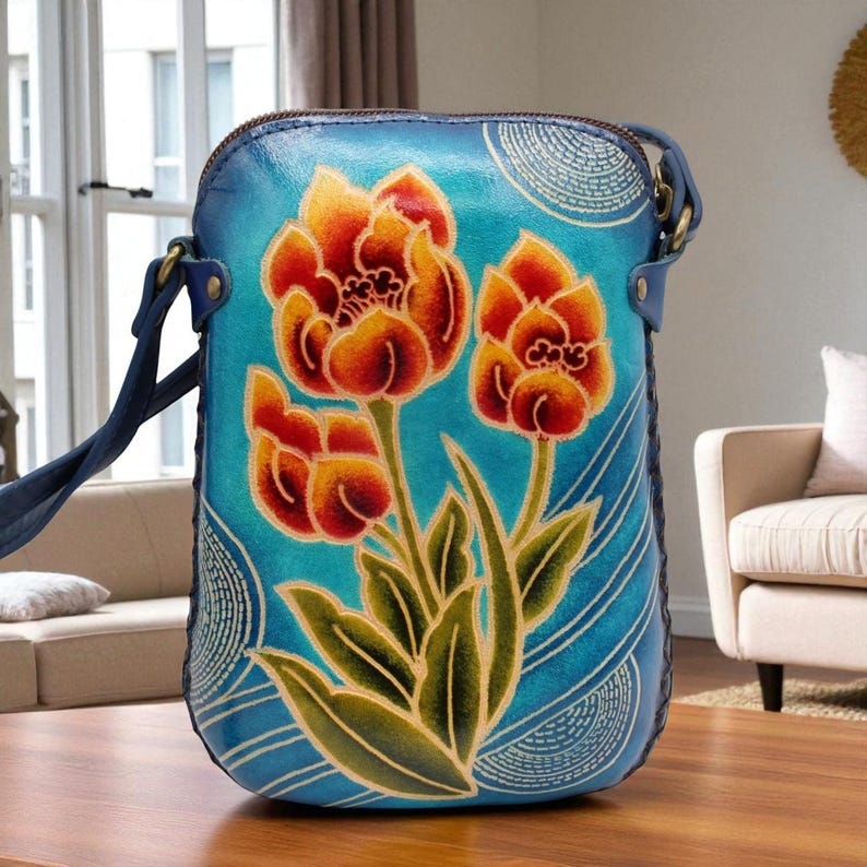 Genuine Handmade Leather Tulip Purse / Crossbody/ Phone Bag, Shoulder Bag, Mini Bag, Animal-themed Bag, Cartoon Bag