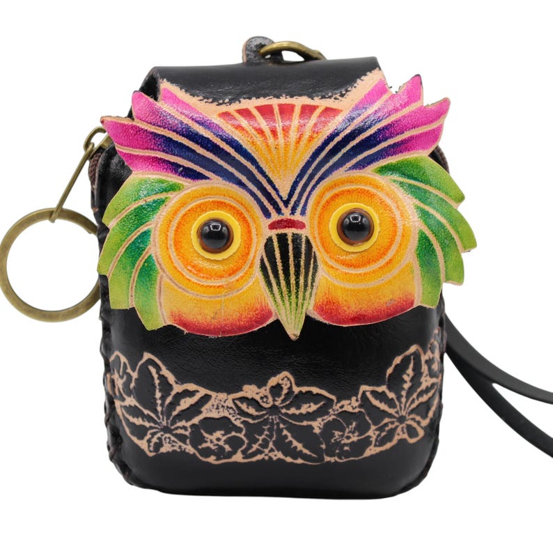 Genuine Handmade Leather Colorful Owl Coin Purse / Wristlet / Wallet