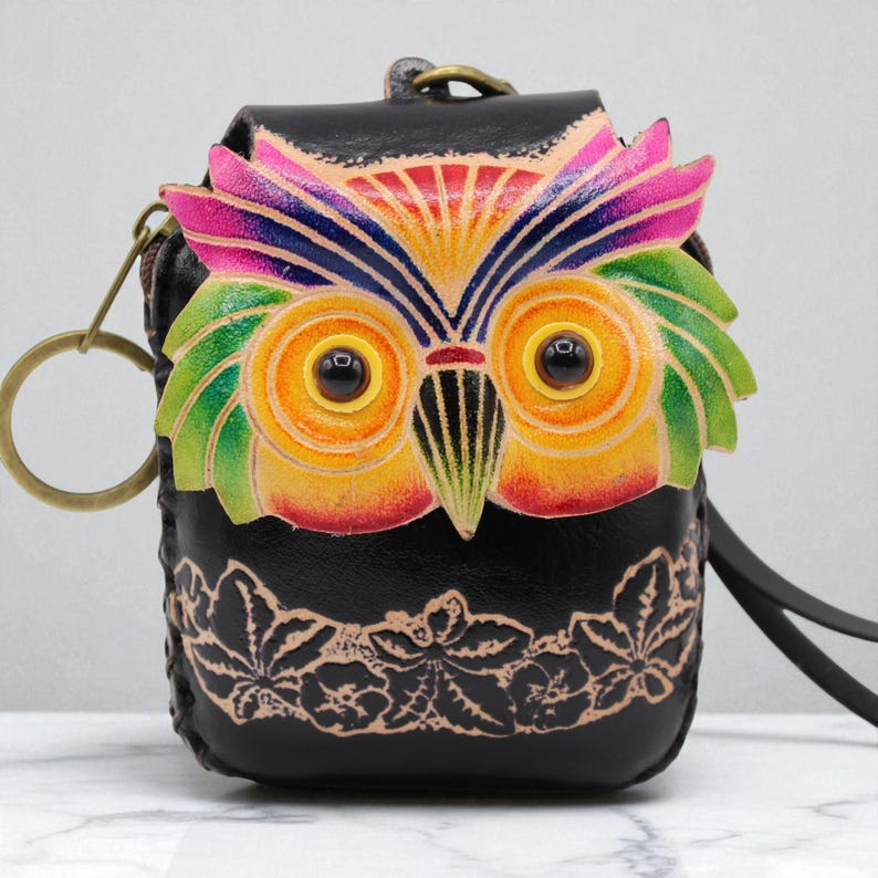 Genuine Handmade Leather Colorful Owl Coin Purse / Wristlet / Wallet