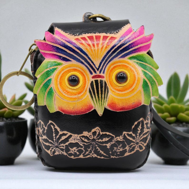 Genuine Handmade Leather Colorful Owl Coin Purse / Wristlet / Wallet