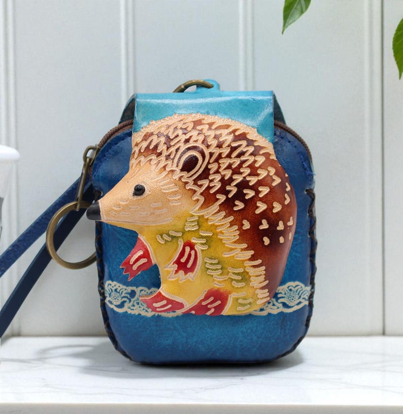 Genuine Handmade Leather Hedgehog Coin Purse / Wristlet / Wallet