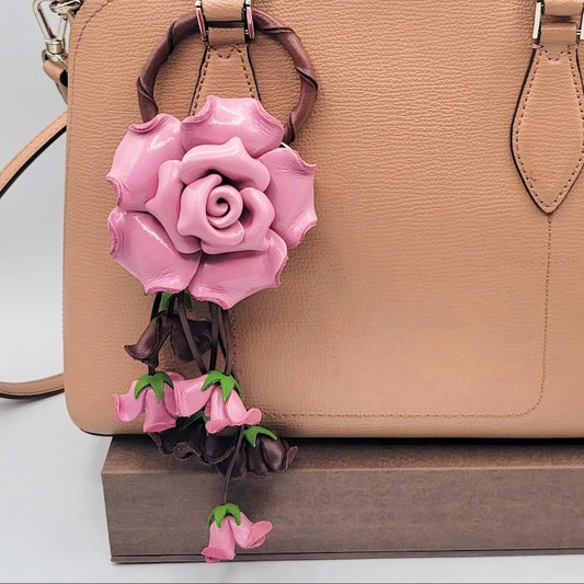 Leather ROSE keychain and purse/ handbag charm /Leather ROSE Flower Keychain bag charm light pink purse charm(Genuine Handmade)