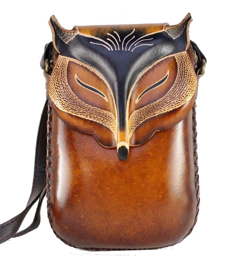 Genuine Handmade Leather Fox Crossbody Bag,Leather Purse,Fox Pattern Purse,Fox Pattern Bag,Animal-Leather Bags, Cartoon Phone Bag, Mini Bag