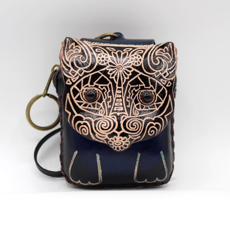 Handmade Genuine Leather Sugar Skull Cat Coin Purse / Wristlet / Wallet / Bag Charm / Christmas Gift / Holiday Gift