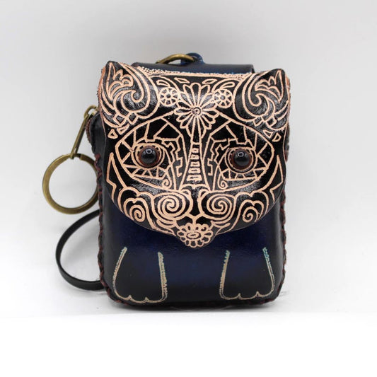 Handmade Genuine Leather Sugar Skull Cat Coin Purse / Wristlet / Wallet / Bag Charm / Christmas Gift / Holiday Gift