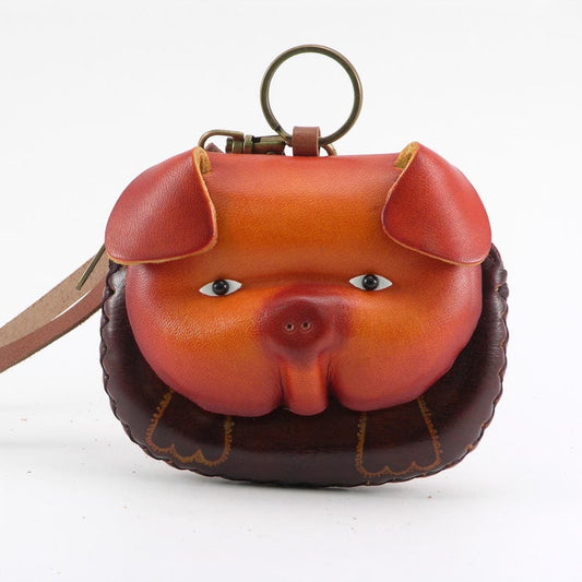 Leather Pig Wristlet Coin Purse Wallet in Brown mini wallet, coin bag, candy pouch, cartoon small card bag gift bag