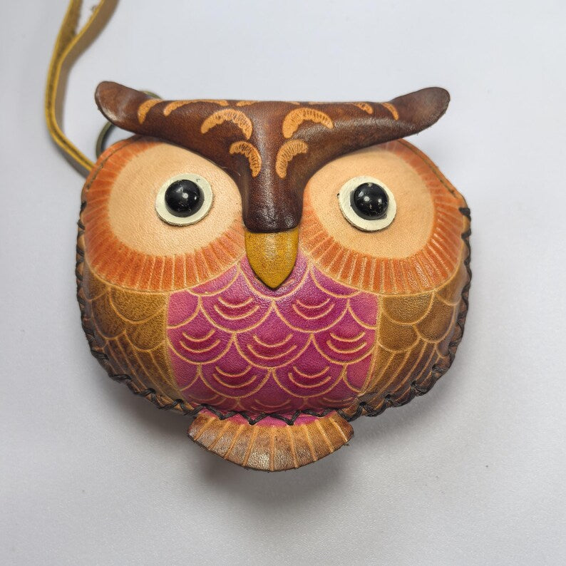 Genuine Handmade Leather Owl Coin Purse / Wristlet/ wallet / coin bag / cartoon bag / mini wrist bag / coin pouch.