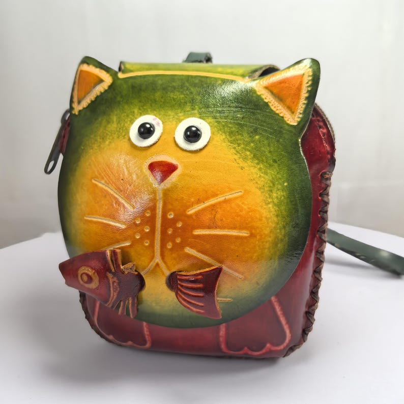 Genuine Handmade Leather Cat with Fish Wristlet / Coin Purse / Wallet /holiday gift, Christmas present, small gift, or cartoon coin purse