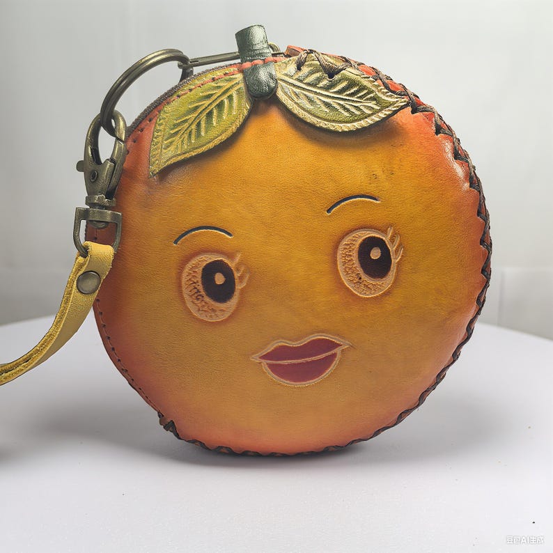 Genuine Handmade Leather Orange-shaped Coin Purse, Smile Face Coin Pouch, Fruit-themed Coin Wallet