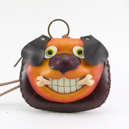 Brown Leather dog Wristlet Coin Purse / Mini Wallet, Coin Pouch, Candy Bag, Cartoon Small Card Holder, Gift Bag