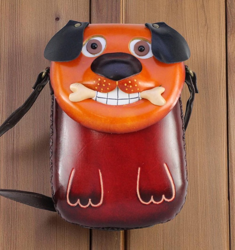 Handmade Genuine Leather dog Purse - Crossbody Bag, Phone Bag, Animal Bag, Cartoon Bag, Mini Bag