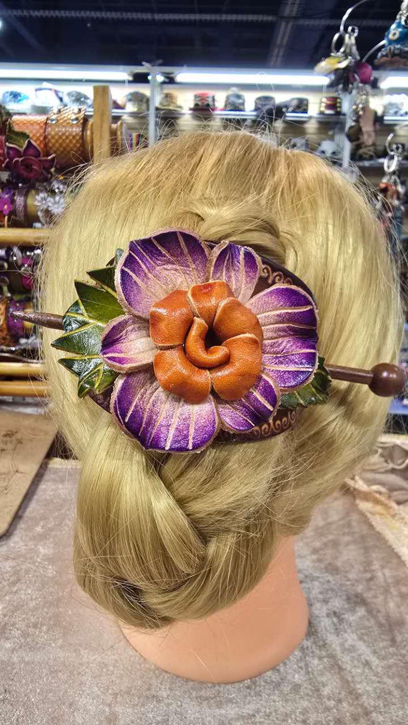Genuine Handmade Leather Flower Hair Stick / Hair Clip - Hair Accessory,barrettes