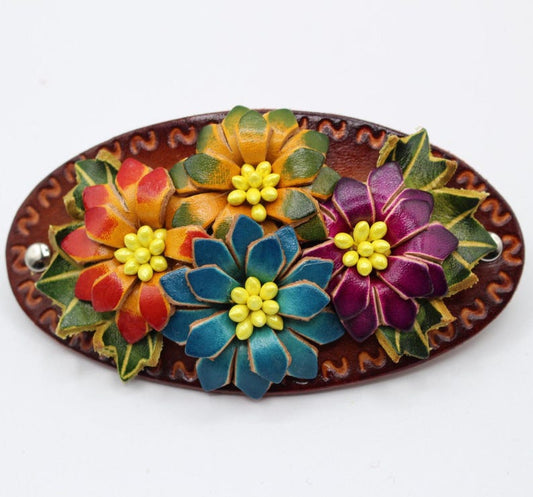 Genuine Handmade Leather Four-Flower Barrette with Stick/Clip
