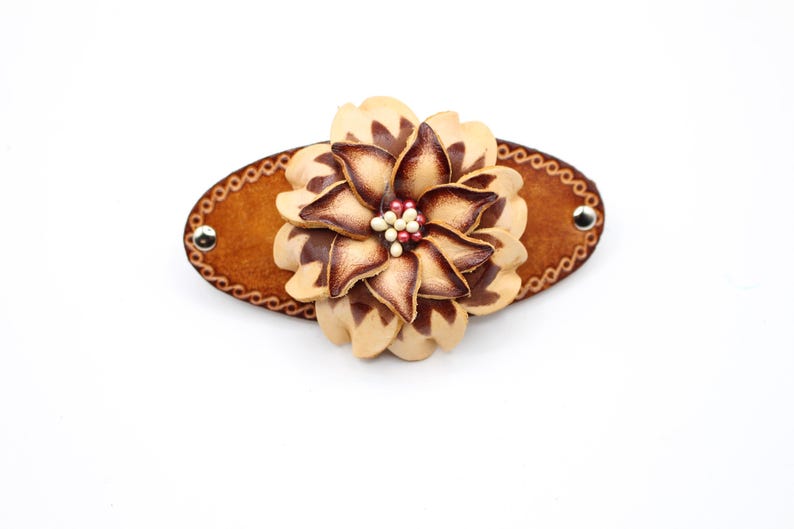 Genuine Handmade Leather Flower Barrette with Stick/Clip