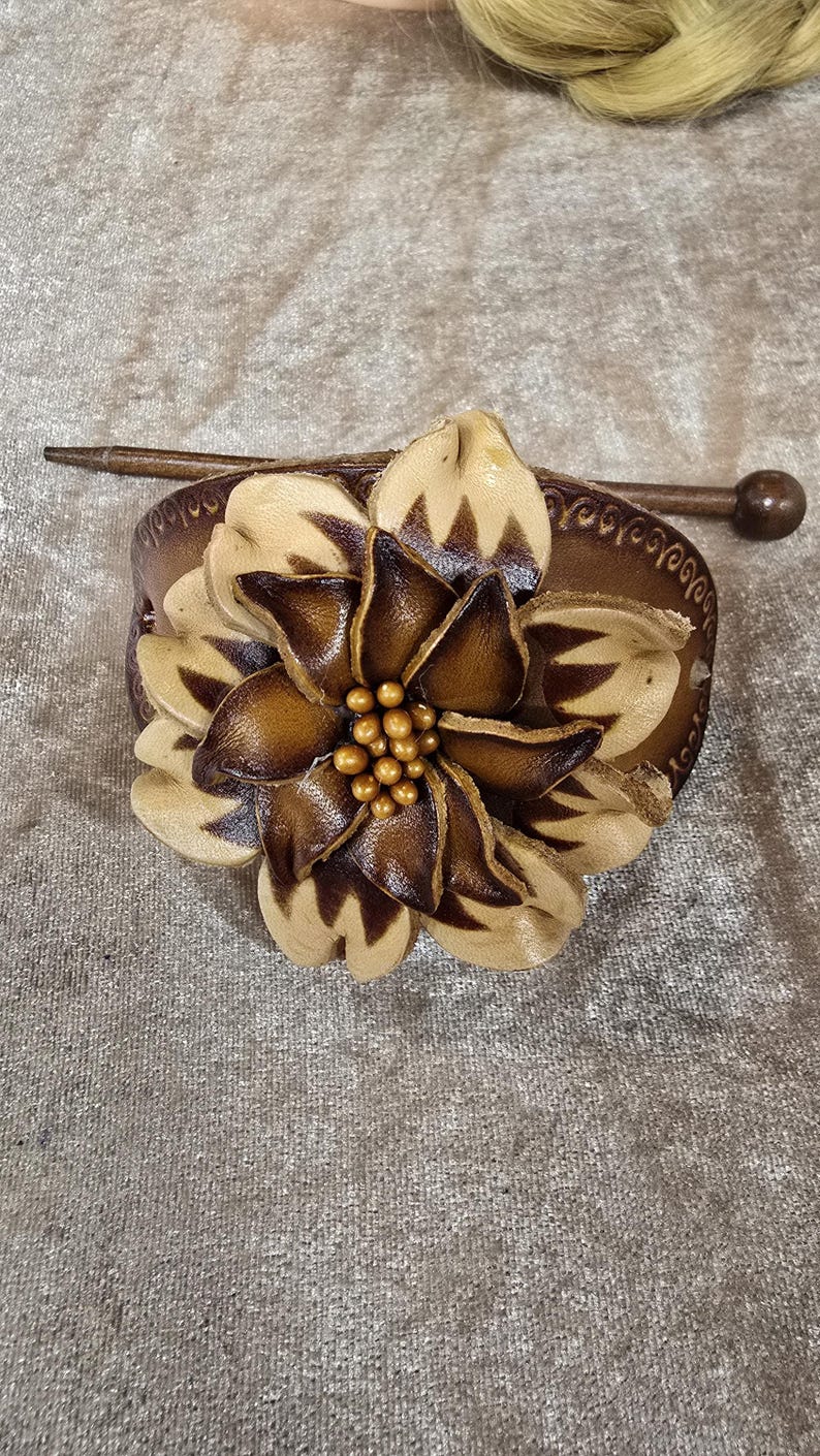 Genuine Handmade Leather Flower Barrette with Stick/Clip