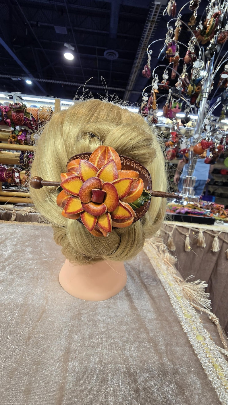 Genuine Handmade Leather Flower Hair Stick / Hair Clip - Hair Accessory,barrettes