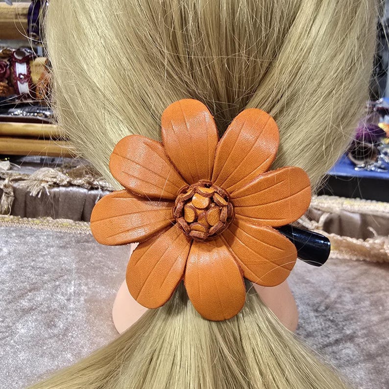 Genuine Handmade Leather Flower Hair Clips, Brooches, Hat Ties, Crocheted Bags - Original Design (Multiple Colors Available)