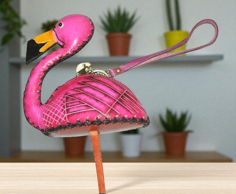 Genuine Handmade Leather Flamingo Wristlet / Coin Purse / Wallet - Animal-themed Mini Bag, Coin Pouch, Original Design, Hand-painted