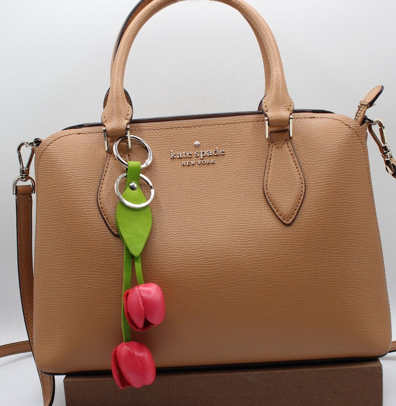 Genuine Handmade Leather Flower Keychain tulip purse charm bag charm (Multiple Colors Available) 10 colors
