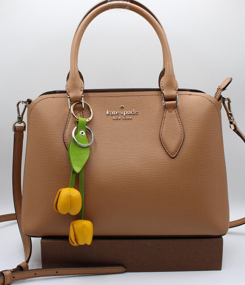 Genuine Handmade Leather Flower Keychain tulip purse charm bag charm yellow