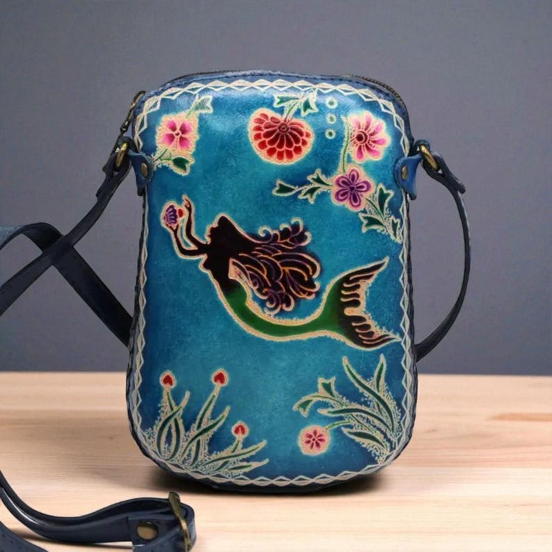 Genuine Handmade Leather Mermaid Purse / Crossbody/ Phone Bag, Shoulder Bag, Mini Bag, Animal-themed Bag, Cartoon Bag