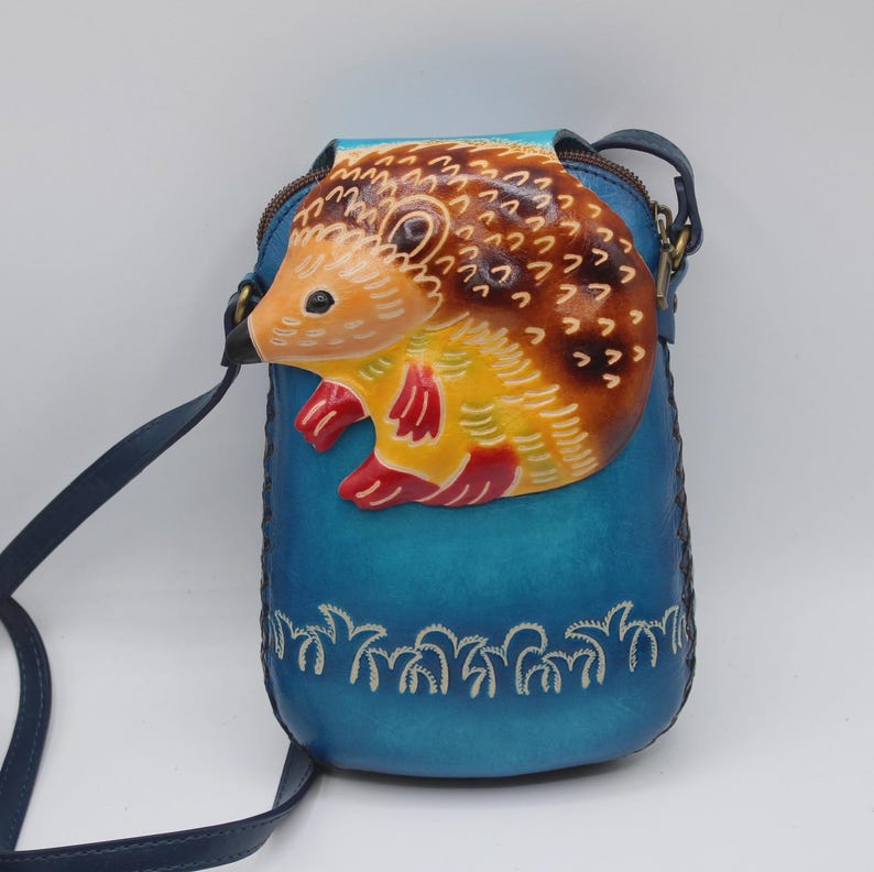 Genuine Handmade Leather Hedgehog Purse / Crossbody/ Phone Bag, Shoulder Bag, Mini Bag, Animal-themed Bag, Cartoon Bag