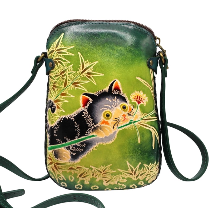 Genuine Handmade Leather Cat Purse , Crossbody, Phone Bag, Shoulder Bag, Mini Bag, Animal-themed Bag, Cartoon Bag