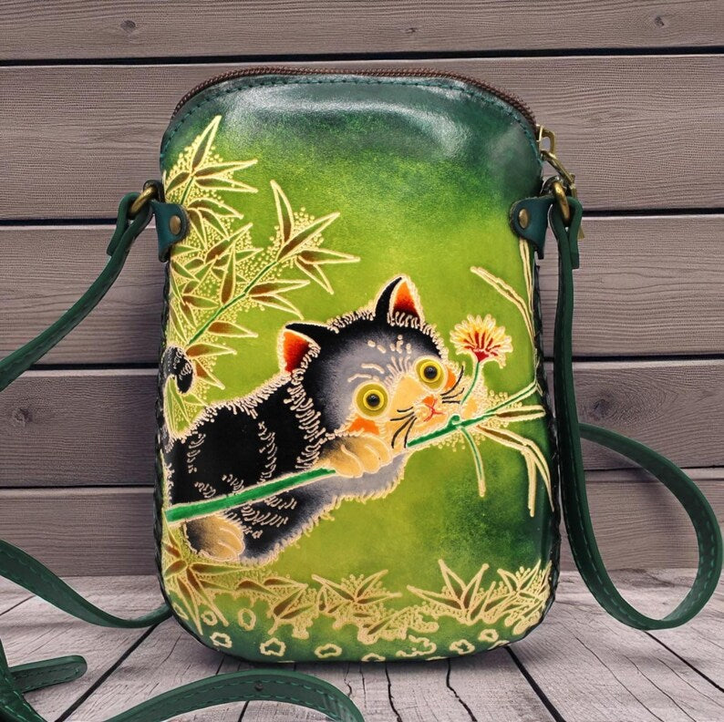 Genuine Handmade Leather Cat Purse , Crossbody, Phone Bag, Shoulder Bag, Mini Bag, Animal-themed Bag, Cartoon Bag