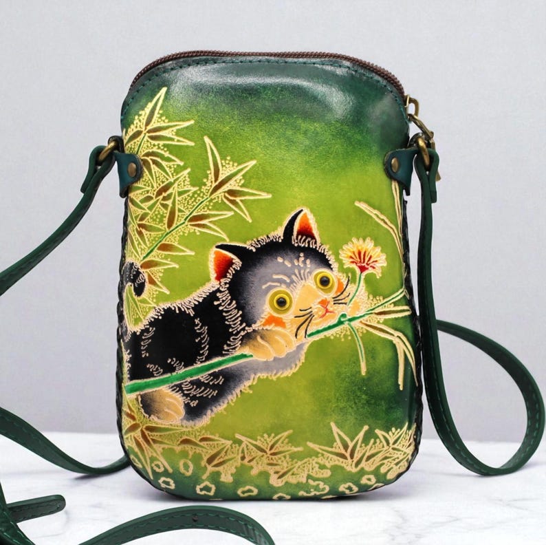 Genuine Handmade Leather Cat Purse , Crossbody, Phone Bag, Shoulder Bag, Mini Bag, Animal-themed Bag, Cartoon Bag
