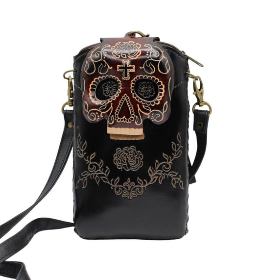 Crossbody Handmade day of dead cell phone case/ Genuine Leather Phone Case / Shoulder Phone Pouch / Mini phone Bag Halloween