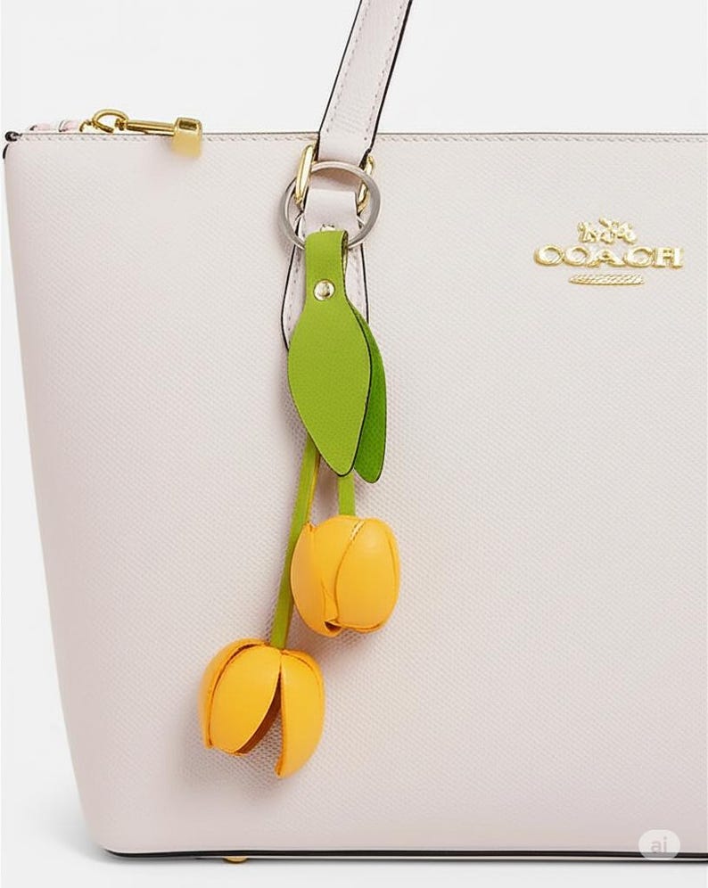 Genuine Handmade Leather Flower Keychain tulip purse charm bag charm yellow