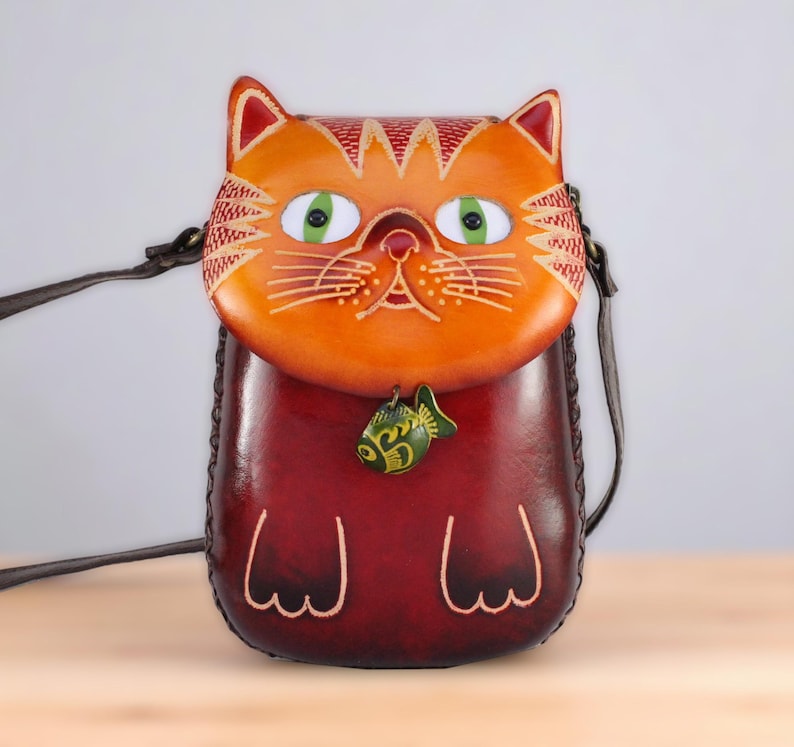 Handmade Genuine Leather Cat with Fish Purse - Crossbody Bag, Phone Bag, Animal Bag, Cartoon Bag, Mini Bag