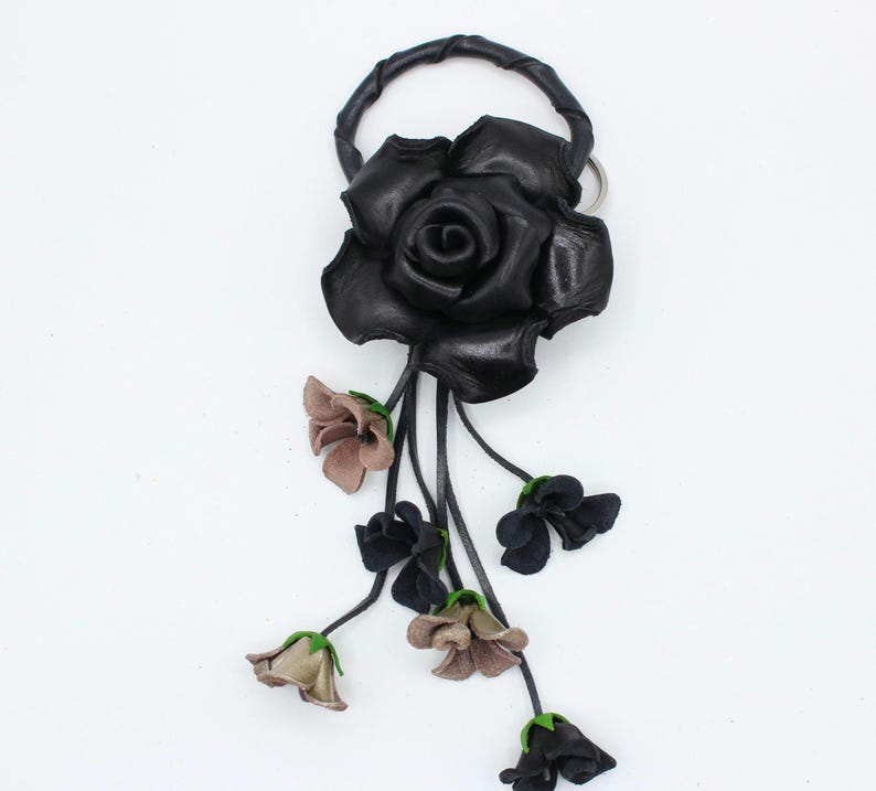 Genuine Handmade Leather Rose Flower Key Chain bag charm purse charm black Rose