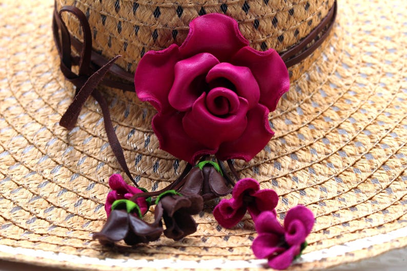 Genuine Handmade Leather Flower Hatband - Pink Rose, Jewelry, Clothing Accessories,Leather flower fringe purse charm
