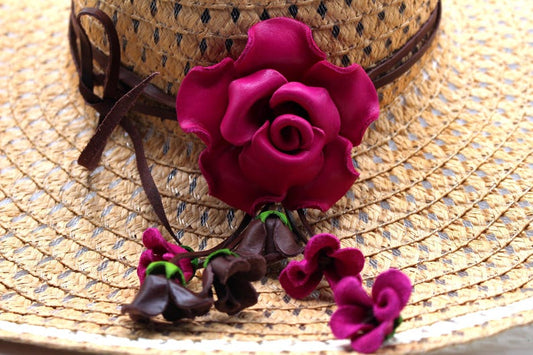 Genuine Handmade Leather Flower Hatband - Pink Rose, Jewelry, Clothing Accessories,Leather flower fringe purse charm