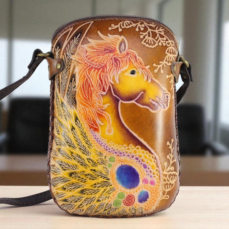 Genuine Handmade Leather Pegasus Crossbody Pouch phone bag Mini Sling Bag