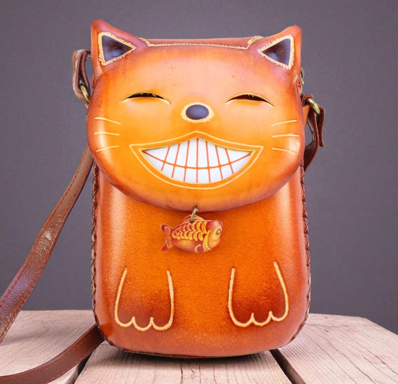 Handmade Genuine Leather Happy Cat Purse / Crossbody bag / phone bag /phone Purse