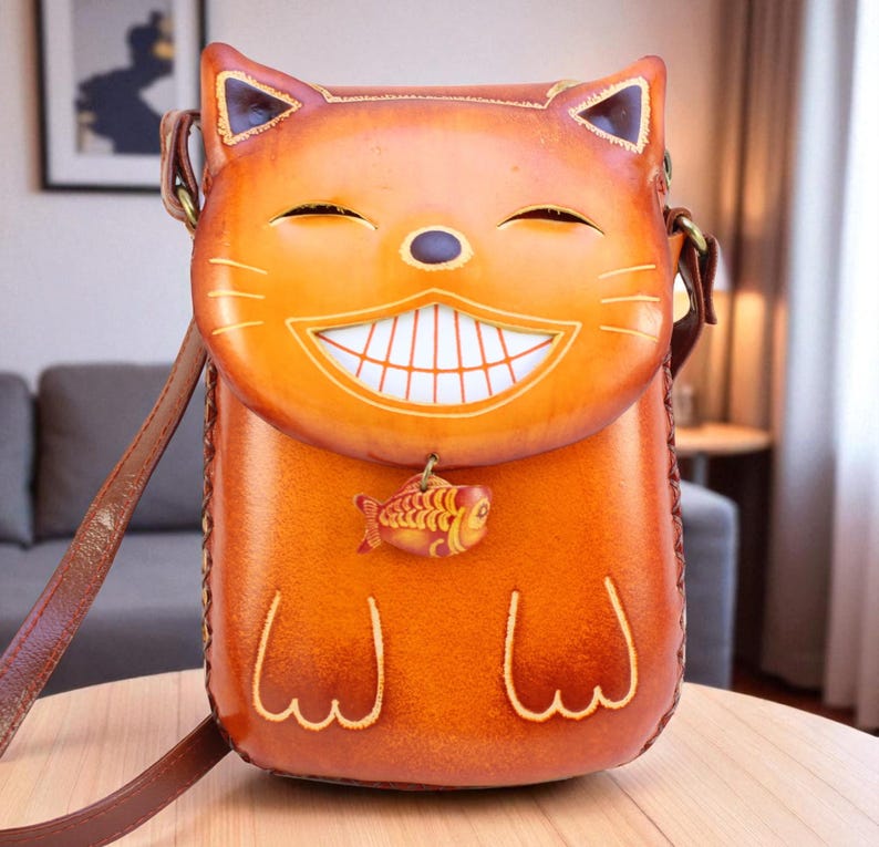 Handmade Genuine Leather Happy Cat Purse / Crossbody bag / phone bag /phone Purse