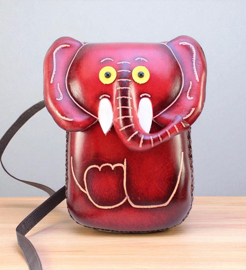 Handmade Genuine Leather Elephant Purse - Crossbody Bag, Phone Bag, Animal Bag, Cartoon Bag, Mini Bag