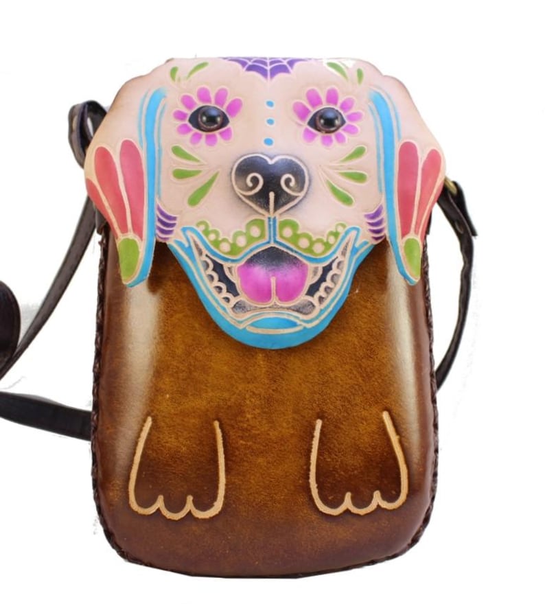 Handmade Genuine Leather Sugar Skull Dog Purse / Crossbody bag /phone bag/ phone purse