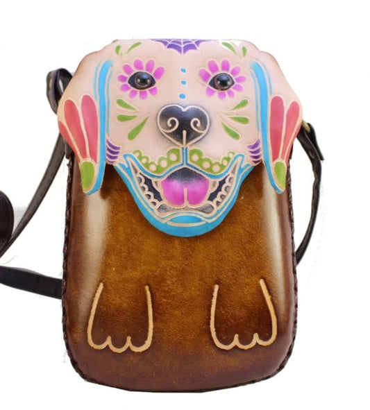 Handmade Genuine Leather Sugar Skull Dog Purse / Crossbody bag /phone bag/ phone purse
