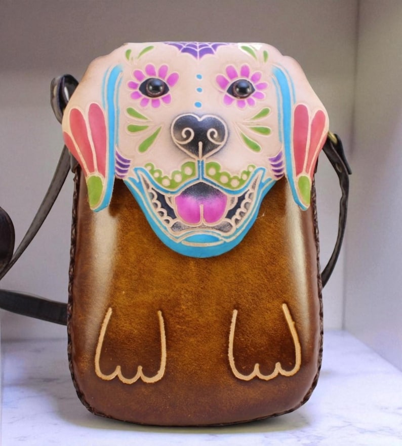 Handmade Genuine Leather Sugar Skull Dog Purse / Crossbody bag /phone bag/ phone purse
