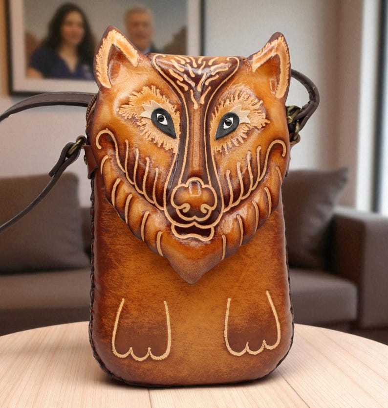 Genuine Handmade Leather Wolf Purse High-Quality Leather phone purse /Crossbody Bag with Adjustable Strap for Daily Use & Animal Lovers