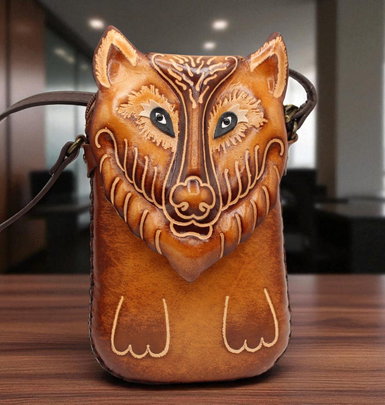 Genuine Handmade Leather Wolf Purse High-Quality Leather phone purse /Crossbody Bag with Adjustable Strap for Daily Use & Animal Lovers