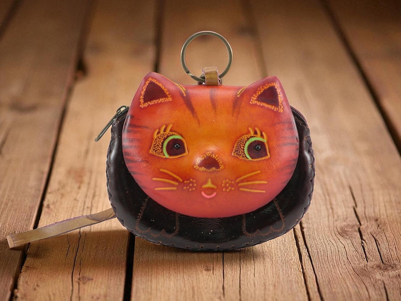 Genuine Handmade Leather Happy Cat Wristlet / Coin Purse / Wallet