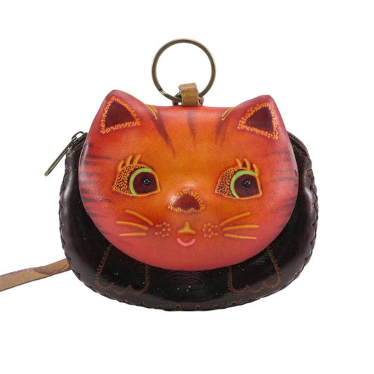 Genuine Handmade Leather Happy Cat Wristlet / Coin Purse / Wallet
