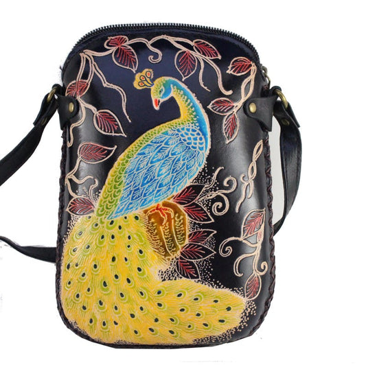 Genuine Handmade Leather Peacock Purse , Crossbody, Phone Bag, Shoulder Bag, Mini Bag, Animal-themed Bag, Cartoon Bag