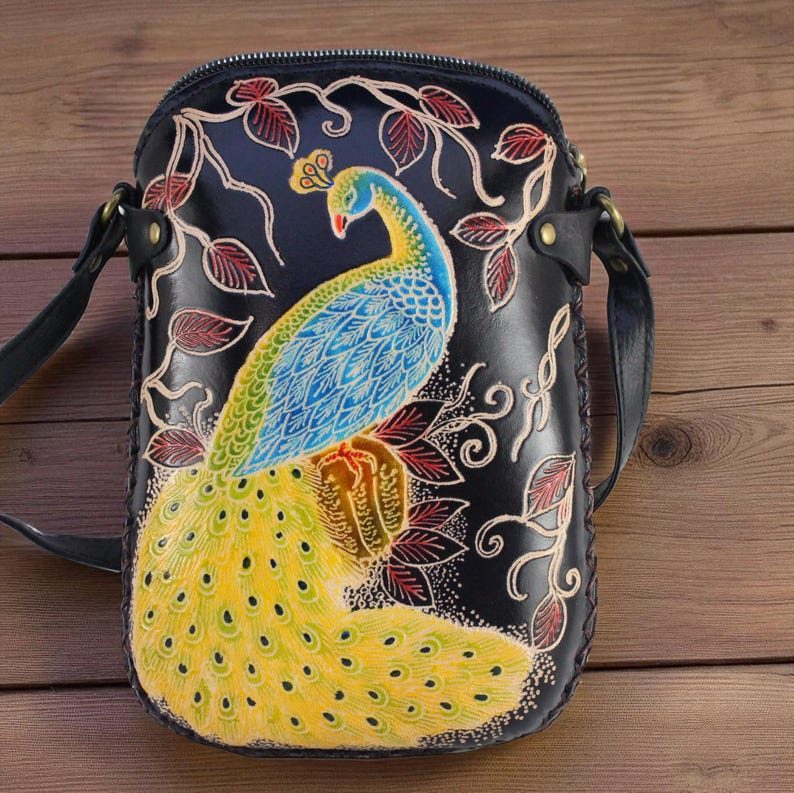 Genuine Handmade Leather Peacock Purse , Crossbody, Phone Bag, Shoulder Bag, Mini Bag, Animal-themed Bag, Cartoon Bag