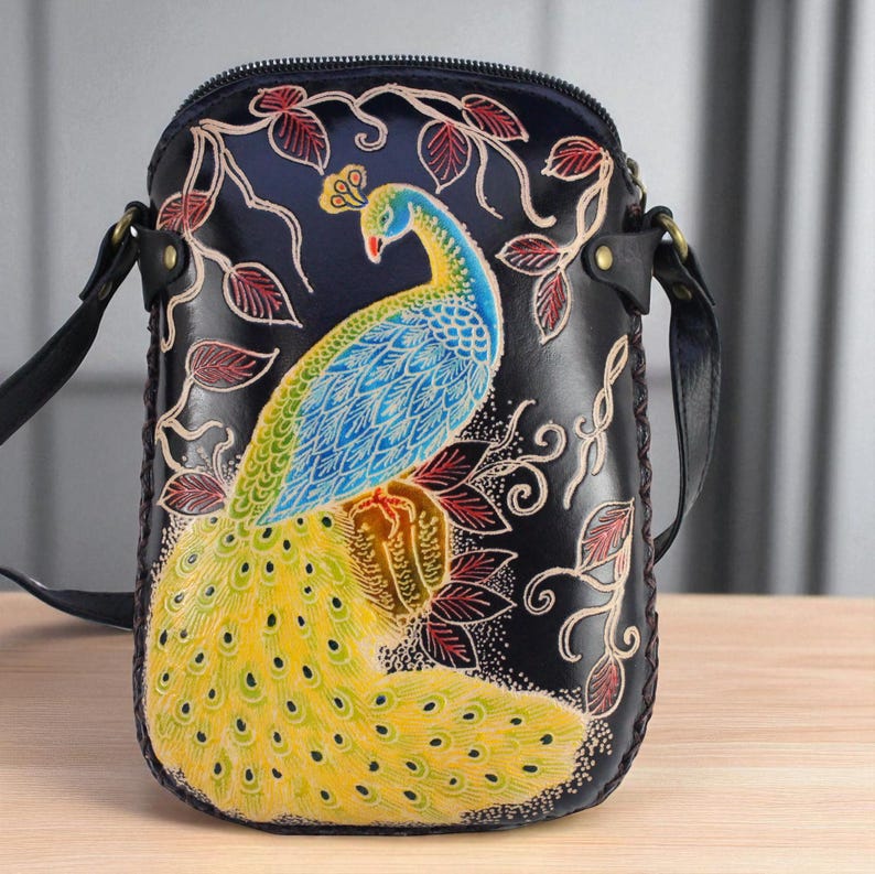 Genuine Handmade Leather Peacock Purse , Crossbody, Phone Bag, Shoulder Bag, Mini Bag, Animal-themed Bag, Cartoon Bag